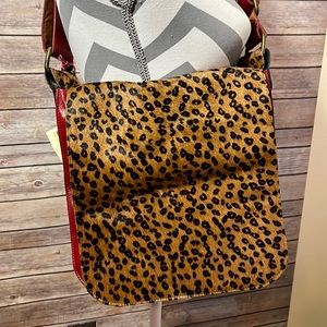Maria by Enmon Cross Body Purse Red Tan Leather Leopard Calf Hair Flap